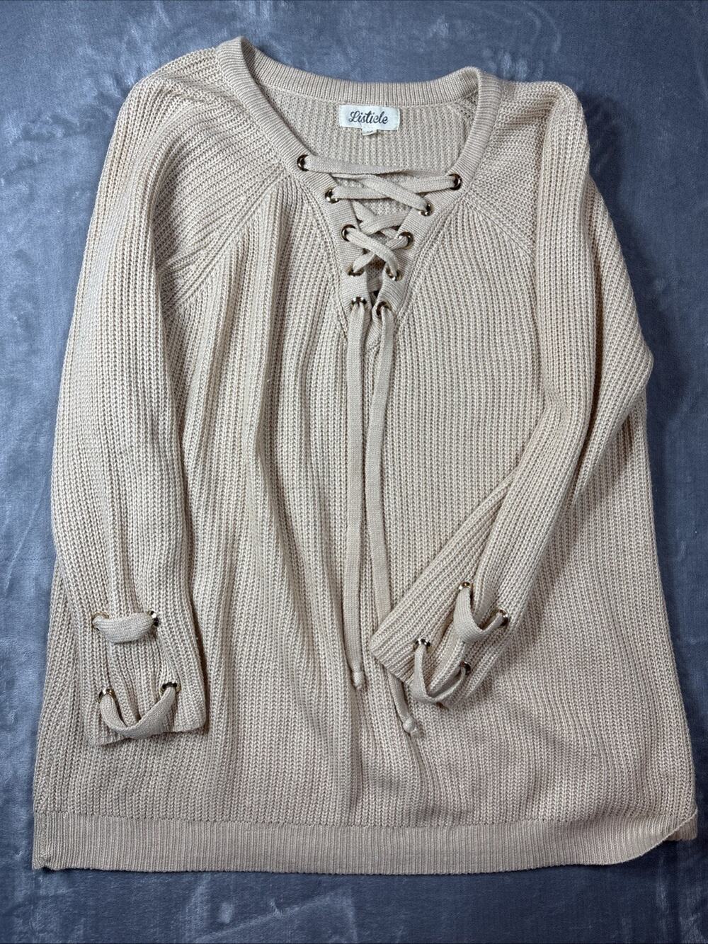 Listicle Rib Knit Grommets Lace Up V neck Beige Sweater Women Large Mohair Blend